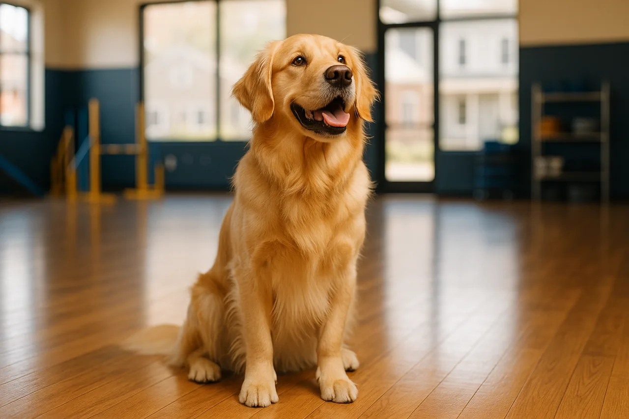 Friendly golden retriever sitting attentively in a bright dog training facility
